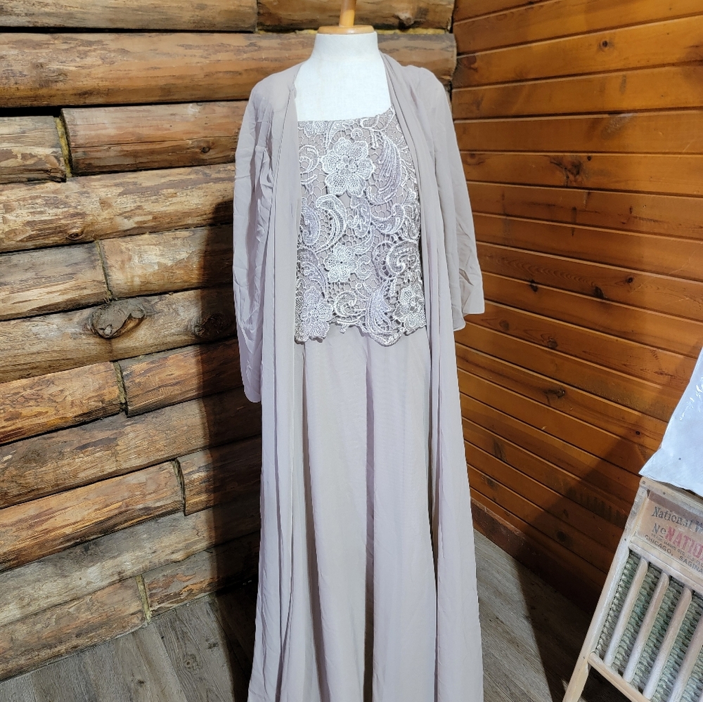 JJs House Taupe Maxi Dress with Lace Overlay